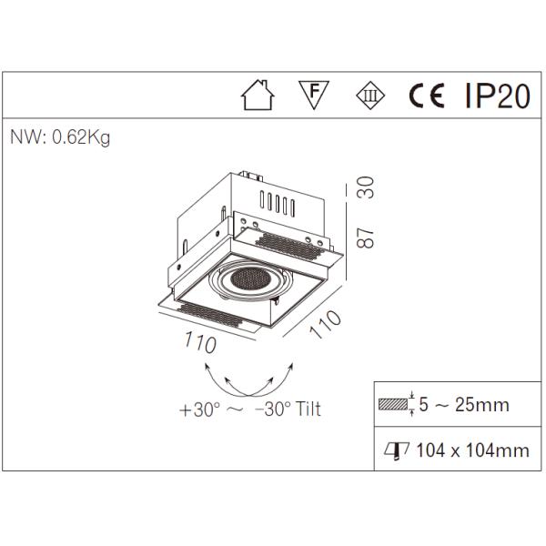 Trimless 7W Adjustable Square COB Custom Recessed LED Ceiling Spot Lighting