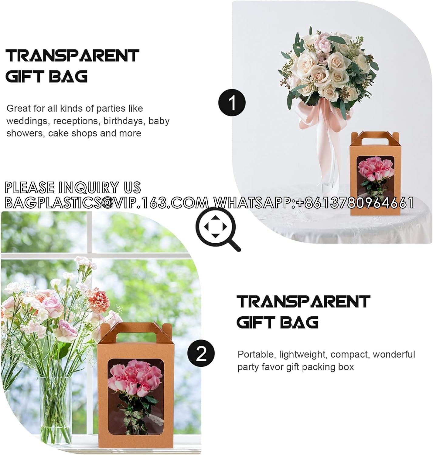 Gift Boxes, Tote Paper Bags With Transparent Window Flower Bouquet Paper Gift Bags With Handles, Wedding Party Bag