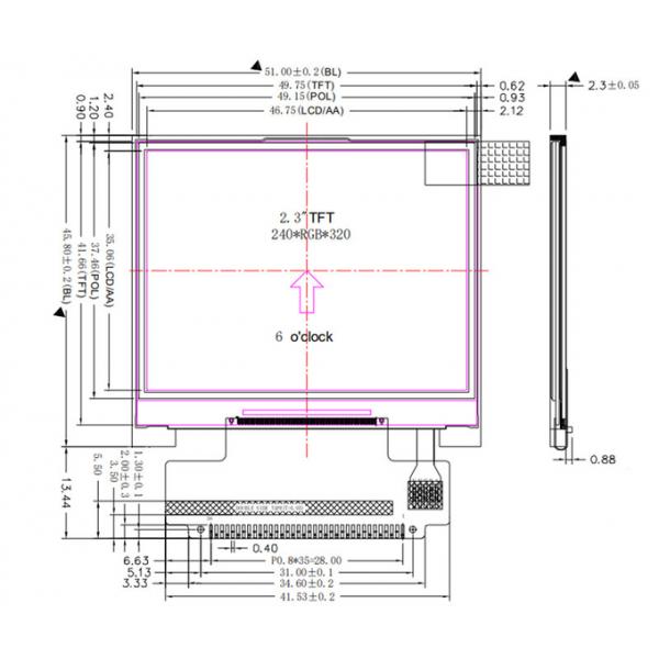 320x240 Medical LCD Touch Screen 2.3 Inch ILI9342C MCU 8bits Interface 36 Pins