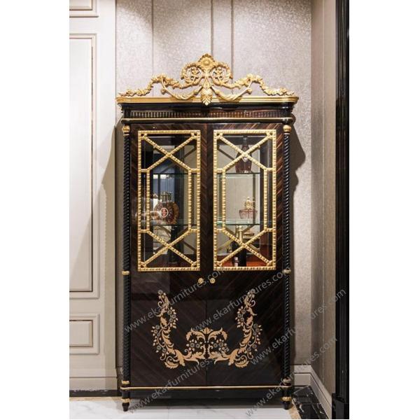 French Vitrine Carved Front Oval China Cabinet With Drawer Black Gold Lacquer TP-029