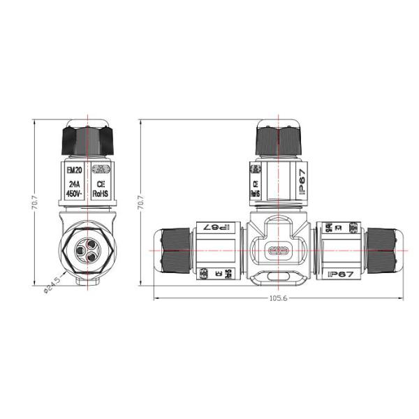 IP67 Waterproof Electrical Cable Connector 450V 24A Tee Joint