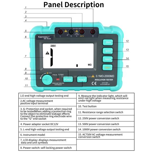 Digital Insulation Resistance Tester with Overload Protection and Measuring Range up to 2000MΩ Class 1 250V 500V 1000V