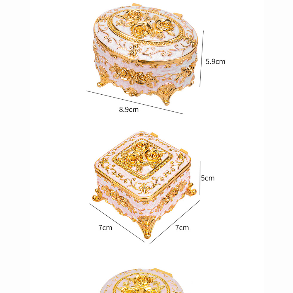 Gold White Vintage Rose Enamel Oval Metal Jewelry Storage Box Organizer One Layer for Jewelry