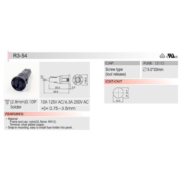 R3-54 Snap-in Panel Mount Fuse Holder R3-54A 5.2x20mm 250V 6.3A 125V 10A Screw Cap Fuse Block
