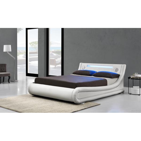 Platform LED Upholstered Bed Frame With Bluetooth Speaker PU Black White