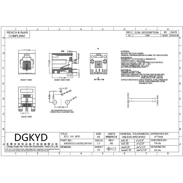 DGKYD52221162IWJ1DY7057 Rectangle Green PBT RJ12 Single Ports 2 Pin Connector Jack