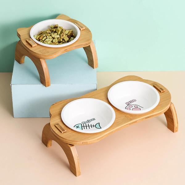 Brazil Bamboo Stand Pet Ceramic Bowl 17*14*8.5cm Paws Fish Double Dog Bowl Stand Ceramic Dog Bowls
