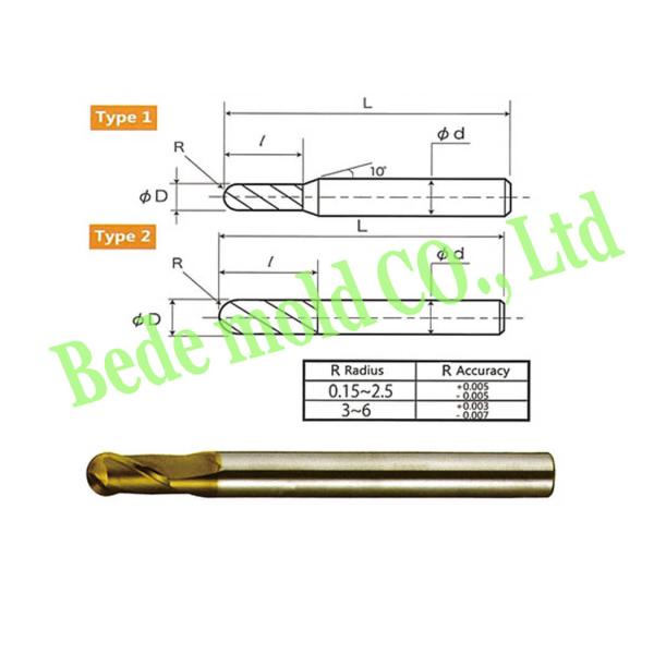 Vertical Type Ball End Cutter 2 Flute Carbide End Mill 0.001mm Tolerance