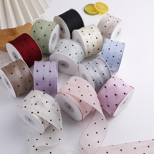 25mm-50mm Organza Ribbon With Dot Pattern Printed Polyester Organza Ribbon OEM Eco Friendly