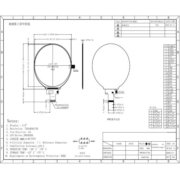 4 Inch Circular TFT Display Module 720x720 Dots IPS TFT With 40 Pins FPC