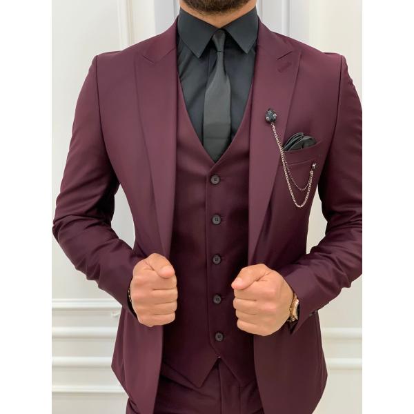 Burgundy Slim Fit Tuxedo Three Piece Suit 65% Polyester 32% Viscone 3% Lycra