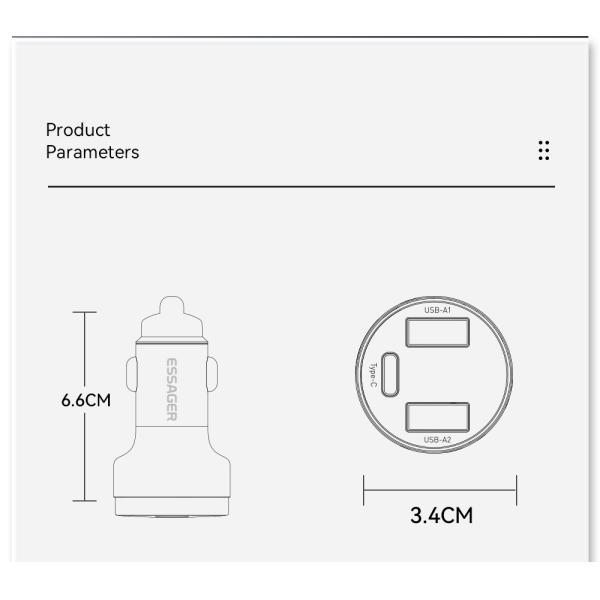 Essager 2022 Fenglang Aluminum alloy digital display car charger 80W 3 in 1 Car Charging 2 USB A Type C Fast Car Charger