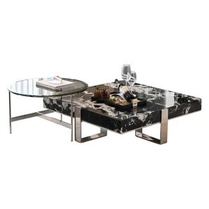 Marble Round Tea Serving Table With Stainless Steel Shelf