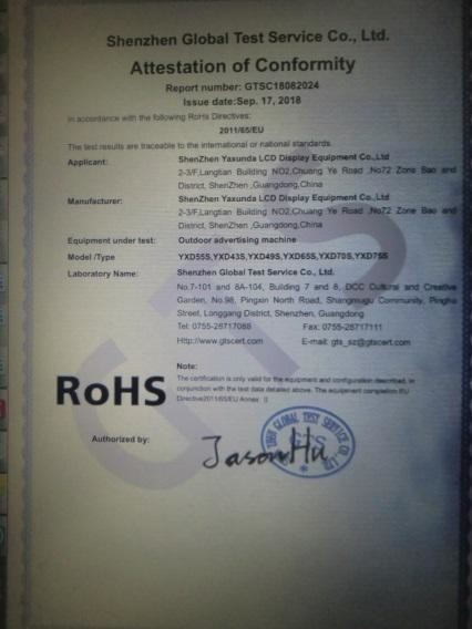 Shenzhen Yaxunda LCD Display Equipment Co., Ltd Certifications