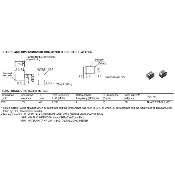 Wire Wound Inductor 220uH Low Impedance Gray For Datacom Applications NL453232T