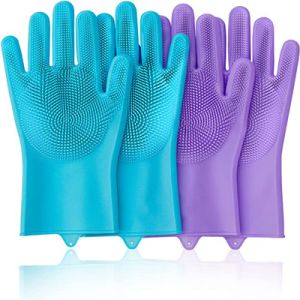 China Purple And Blue Dishwashing Reusable Silicone Gloves For Cleaning wholesale