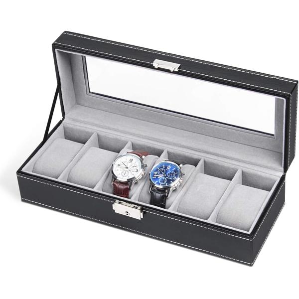 NEX 6 Slots Watch Box Organizer for Men, Black Watch Holder Stand Display Storage Case