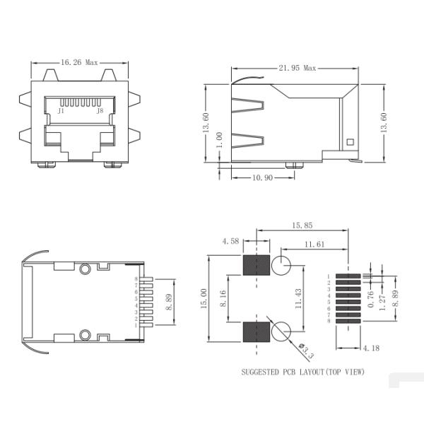 Shareway 10/100M Tab Down Surface Mount SMT RJ45 Jack J0C-0004NL Cross to SRJ221701SNL