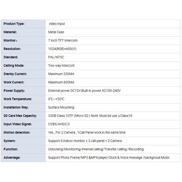 AHD 7 inch Indoor monitor TOUCH SCREEN video door phone with motion detection for villa AND IR-CUT
