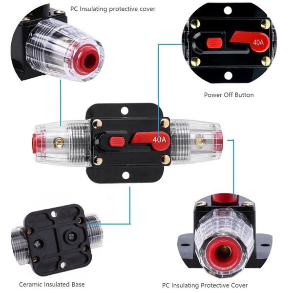 Car Audio Stereo 40A Automotive Circuit Breakers Panel Mount 12V 24V Inline Fuse Holder