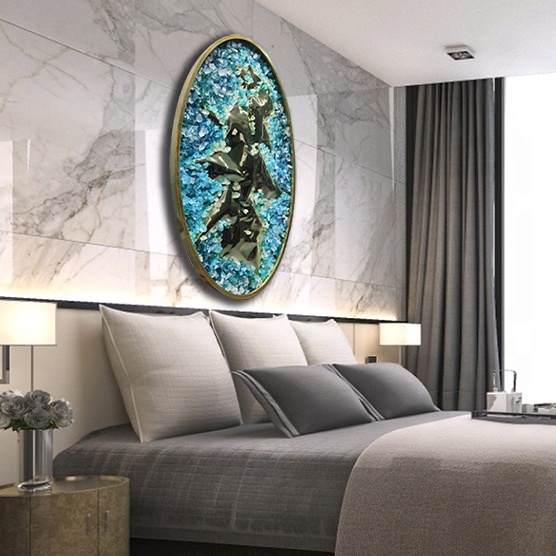 Round Abstract 3D Metal Art Painting Handmade Ink Paintings Wall Arts With Frame