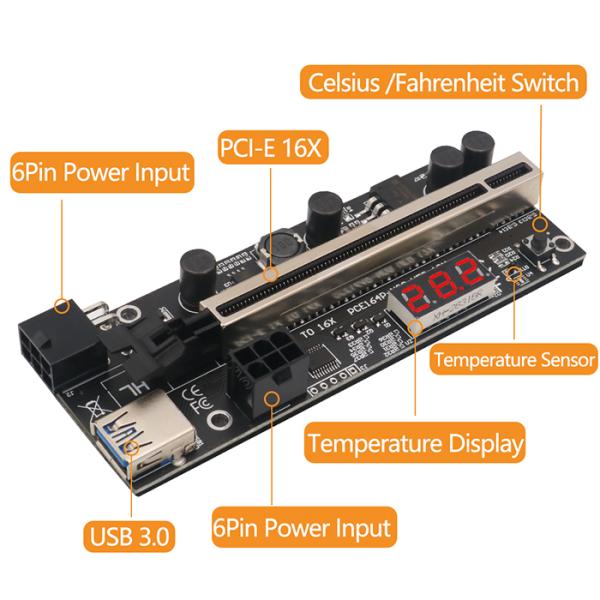 PCIE Riser 1x To 16x Graphic Extension With Temperature Sensor For Bitcoin