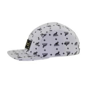 China Printed PU 5 Panel Camp Hat With Metal Badge Logo And Leather Strap wholesale