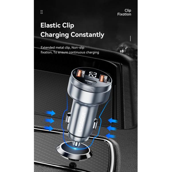 Essager 2022 Fenglang Aluminum alloy digital display car charger 80W 3 in 1 Car Charging 2 USB A Type C Fast Car Charger