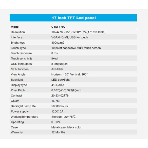 Pure Flat 15 Inch 12DC 5A PCAP POS Touch Screen Monitor For Billing 8 Languages