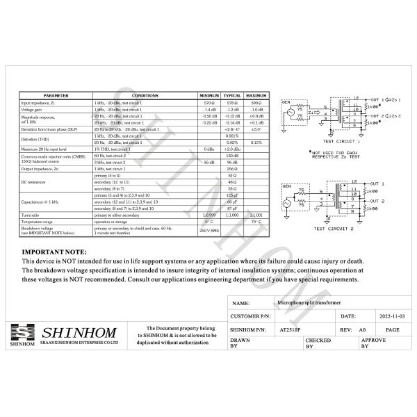500Vac Microphone Splitter Transformer , AF Transformer Low Frequency