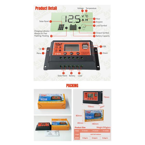 LCD Display 10amp Manual PWM Solar Charge Controller 24 Volt Charge Controller Compact