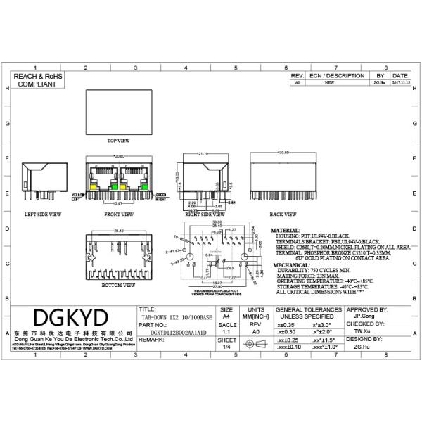 DGKYD112B002AA1A1D Rj45 1X2 8P8C 100M Integrated Filter Connector Yellow Green LED