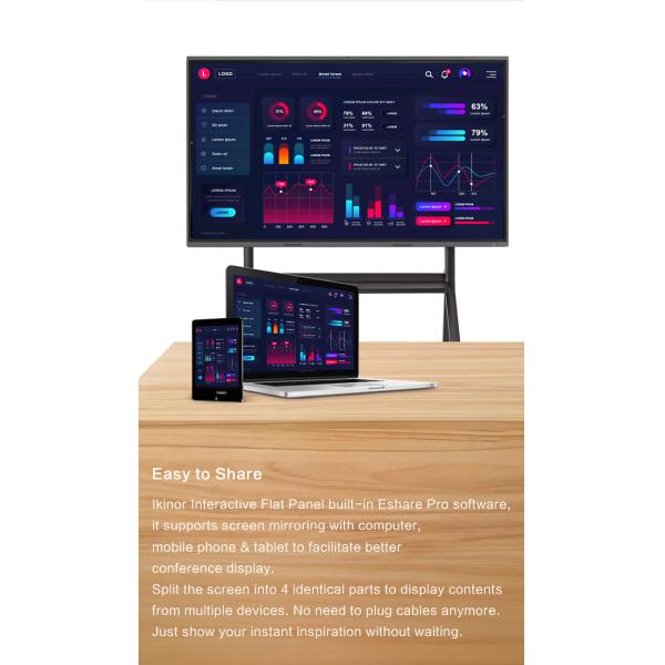Ikinor 65 Inch Conference Interactive Flat Panel Zero Bonding Dual System Smart Whiteboard