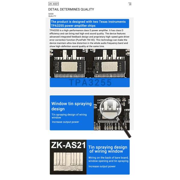 ZK-AS21 2.1 Channel Digital Power Amplifier Board Module 220W*2+350W High Low Tone Subwoofer TPA3255 BT Home Audio AS21