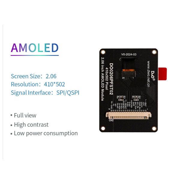 2.06 Inch AMOLED Oled Display 410*502 Resolution SPI/QSPI Interface 600c/d Display Driving IC CO5300 Touch Ic FT31