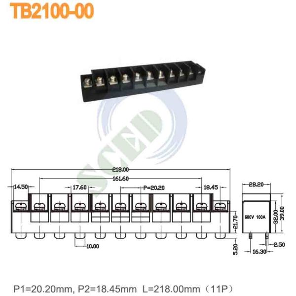 Pitch 20.20mm 600V 100A TB Series 11P PBT M6 Barrier Terminal Blocks Single Row