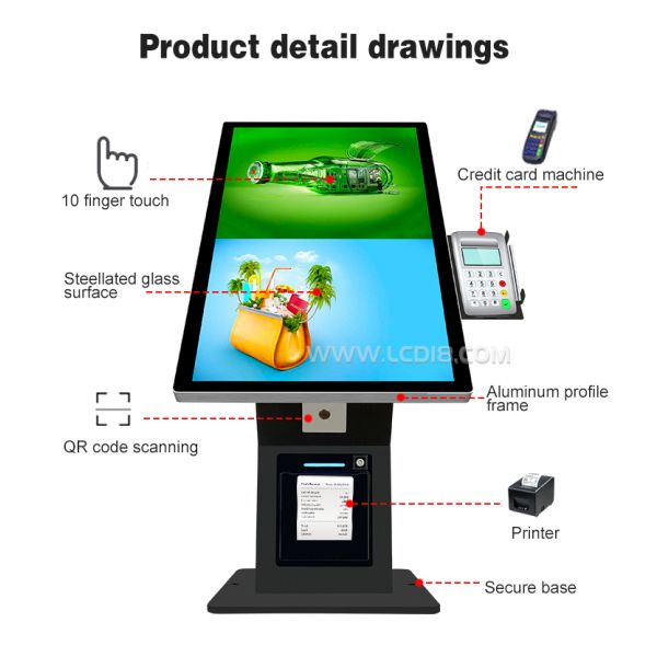 Restaurant Wall mounted Self-service Payment Kiosk 21.5" Android 11.0 Touch Screen - All-in-One with Thermal Printer & QR Scanner