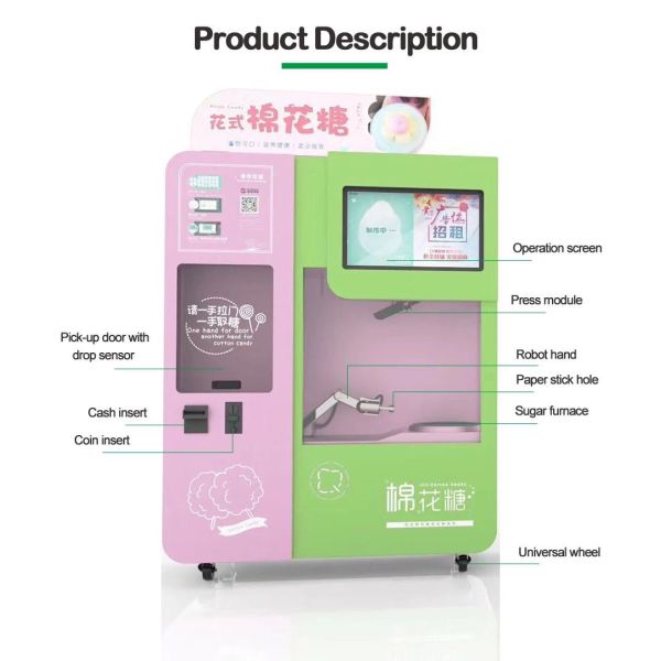 Full Automatic Coin Operated Cotton Candy Making fairy Floss Flower Vending Machine with Super Touch Advitisement Screen