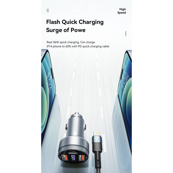 Essager 2022 Fenglang Aluminum alloy digital display car charger 80W 3 in 1 Car Charging 2 USB A Type C Fast Car Charger
