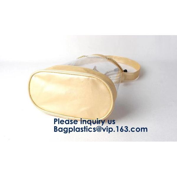 Transparent PVC Drawstring Bag With Colorful Rope,Clear PVC drawstring bag with gold string,Pvc Strips Printing Gift Pac