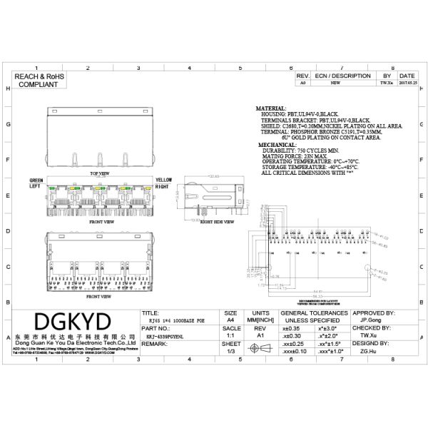 Shield Abreast 4 Ports Giga Ethernet Connector Rj45 Modular Jack, 1000 BASE-TX