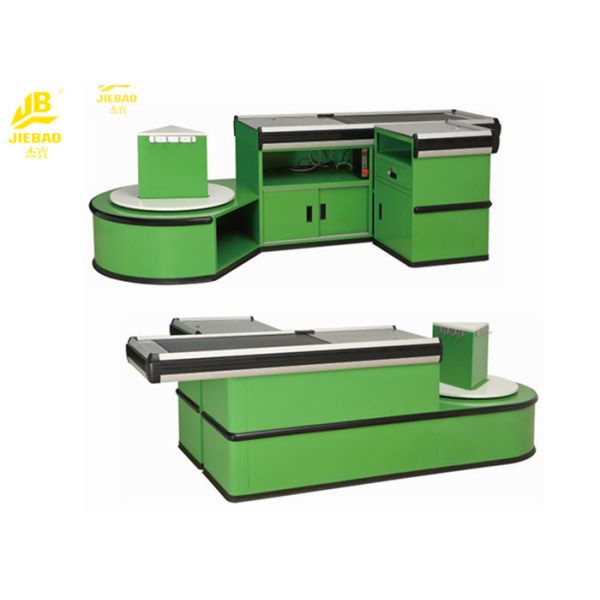 Electric Hypermarket Supermarket Checkout Counter With Package Table Green Color