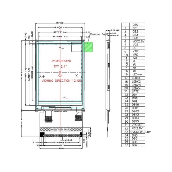 262K Color 37 Pin ILI9341 Driver TFT Resistive Touch Screen