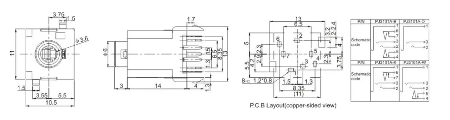 DIP Laptop Audio Jack , Pcb Mount Connector 3.5mm Audio Socket PJ3101A