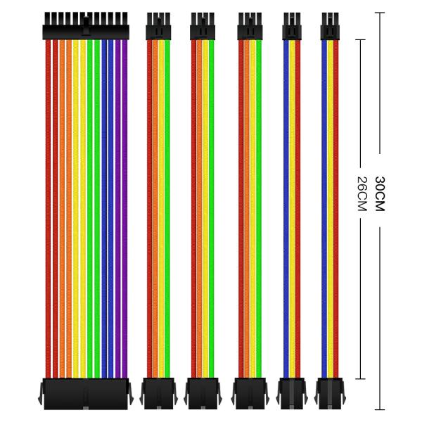 Braided Sleeved Power Supply Cable Kits 1* 24 Pin 1*4 + 4 Pin GPU , 2* 6+2 Pin PCI-e , 2*6 Pin Extension Cable Kits With comb