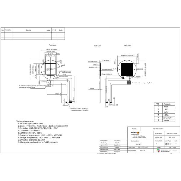 IIC Interface Small 1.5 Inch LCD Touch Panel Assembly 240x240px