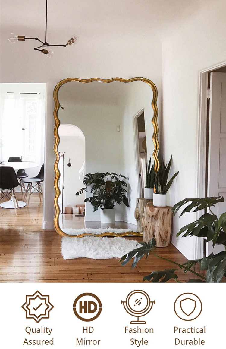 Wavy Beveled Floor Mirror Wood Frame 600mm For Modern Bedroom Decoration