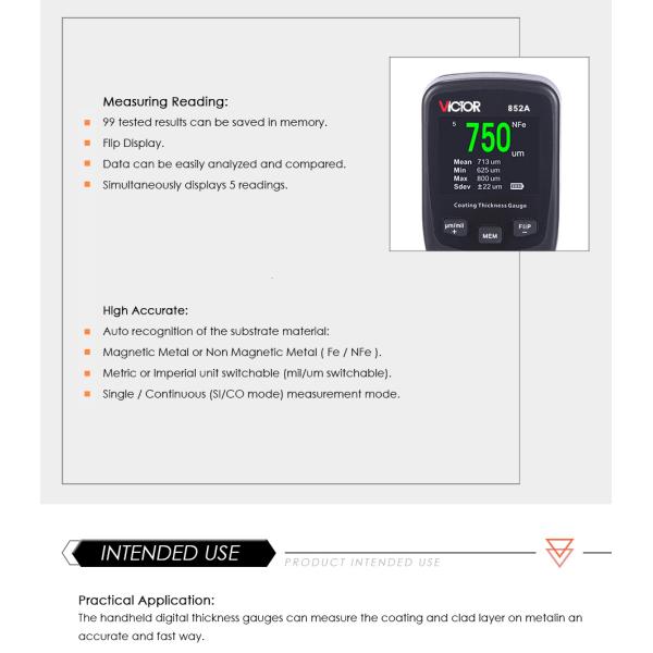 Electronic Thickness Gauge Measure Various Coating Or Plating Measuring Range: 0~1,250μm (0~50mils)
