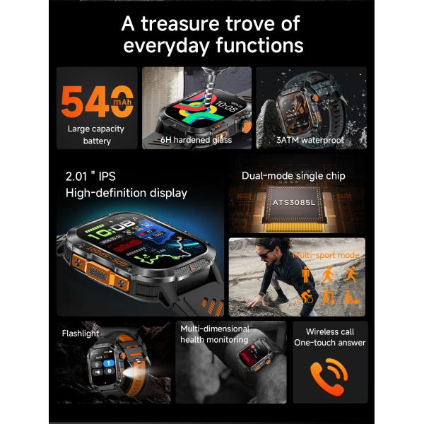 GPS Sports Smartwatch 2.01'' IPS Display Bluetooth Talk Altitude Barometer Compass LED Flashlight