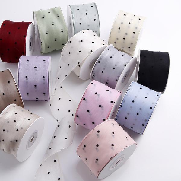 25mm-50mm Organza Ribbon With Dot Pattern Printed Polyester Organza Ribbon OEM Eco Friendly